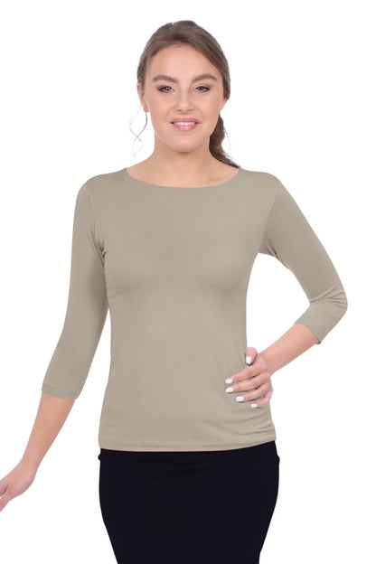 3/4 Sleeve T-Shirt High Round Neckline Slim-Fit