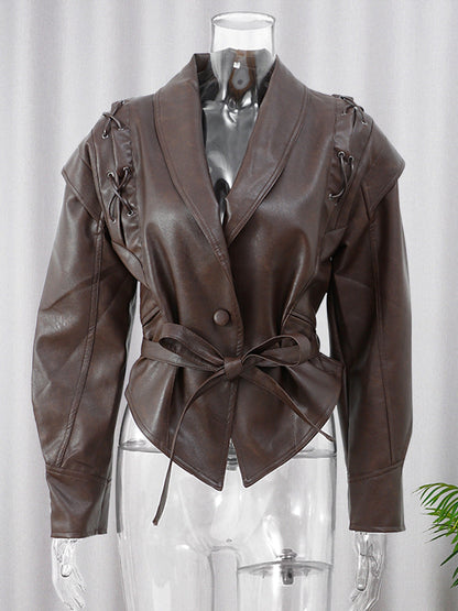 PU Leather Strap-Up Short Jacket – V-Neck Long Sleeve Streetwear