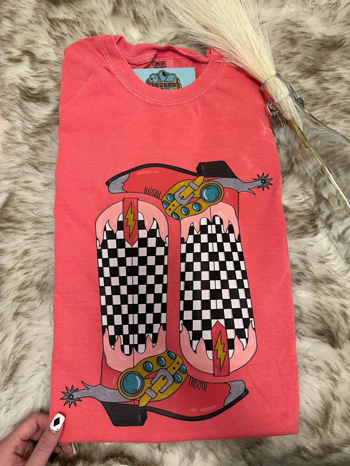 Pink Checkered Boots Tee - Comfort Colors