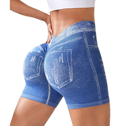 Seamless Denim-Look Yoga Shorts – Back V-Waist Hip-Lifting