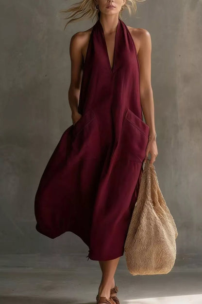 Casual Halter Neck Pocket Midi Dress