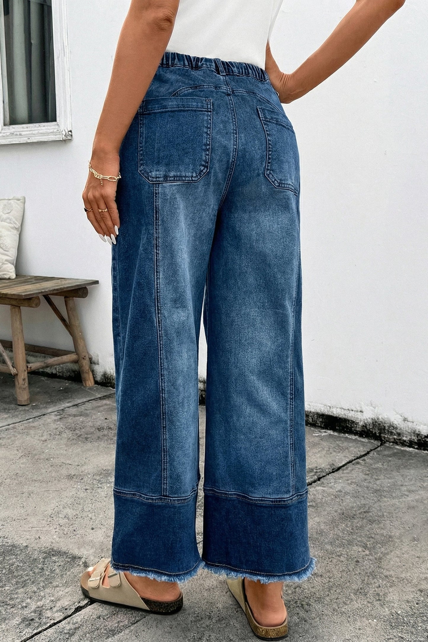 Prussian Blue Drawstring Seam Detail Raw Hem Wide Leg Denim Pants