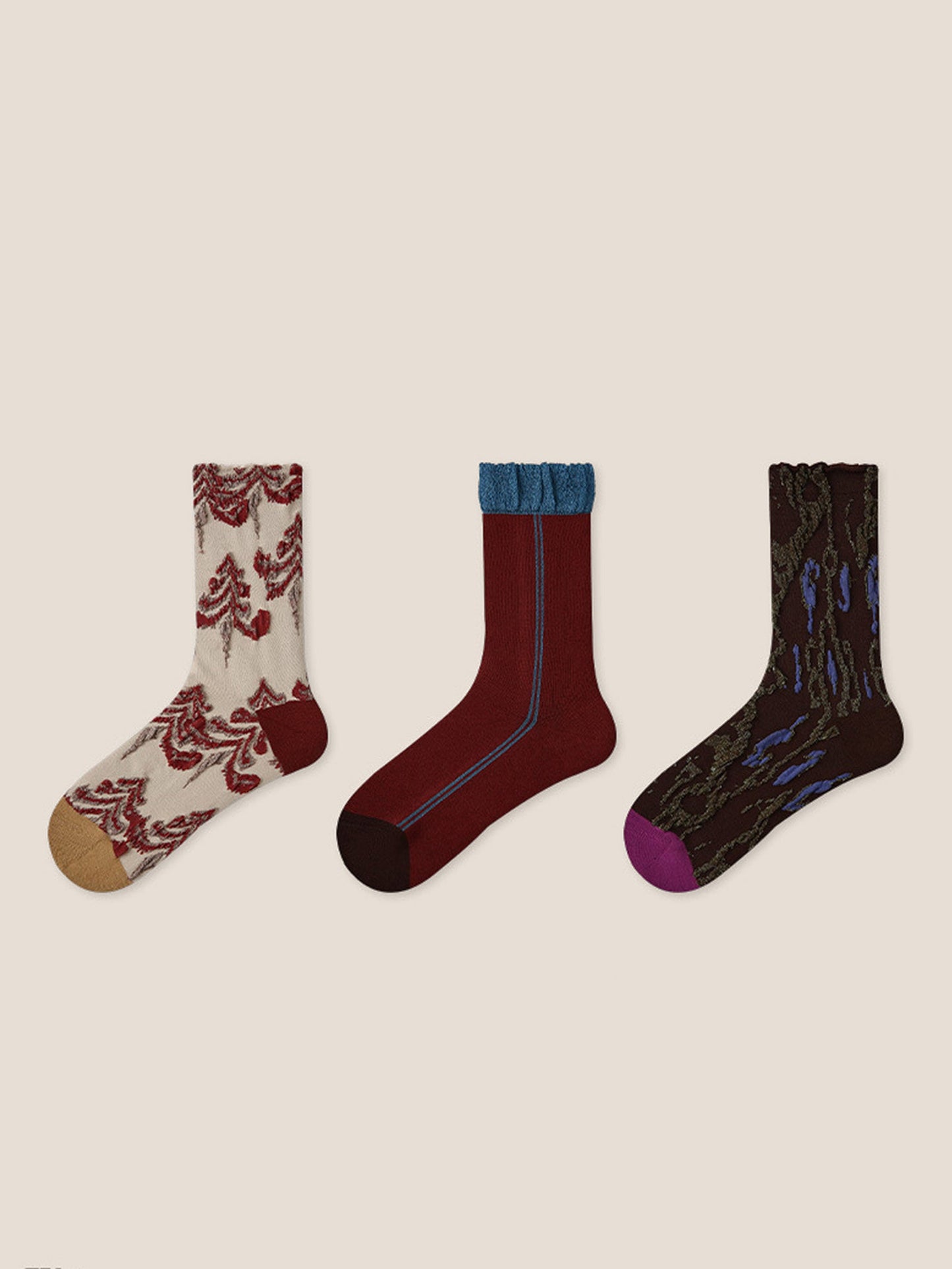 Long-Staple Cotton 3-Pair Floral Embossed Slouch Mid-Calf Sock Set