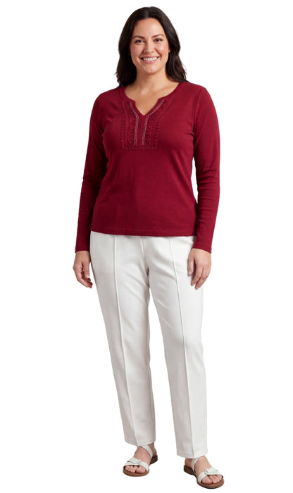 Women's Open Crochet V-Neck Knit Top with Jewel Trim