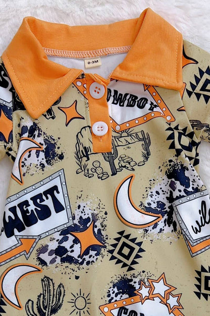 Infant ORANGE & GREEN COWBOY PRINTED ROMPER.
