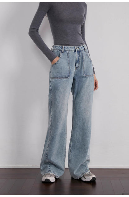 "Fine Sand Coast" deconstructed straight-leg slightly flared wide-leg loose casual jeans for women
