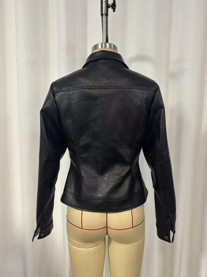 Vintage Washed PU Leather Biker Jacket | Slim Fit Moto Zip | Black