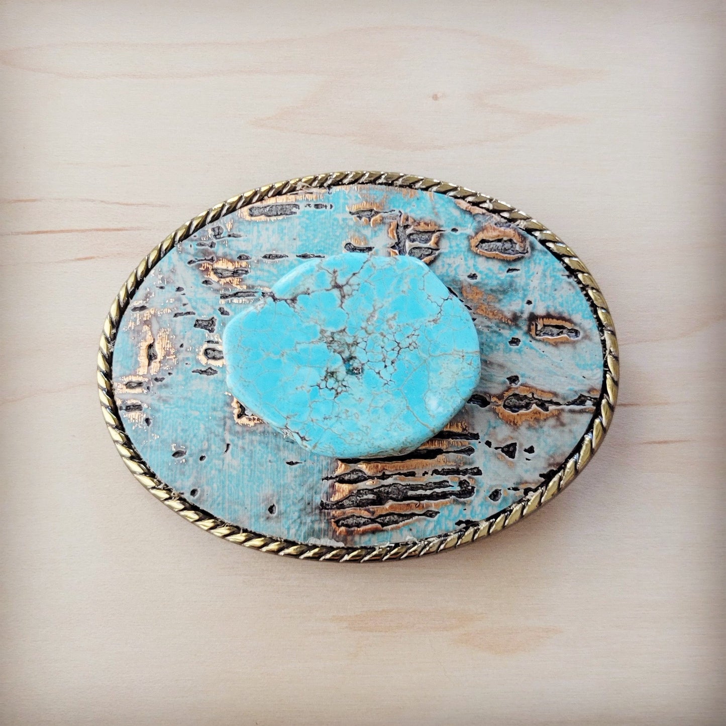 Rope Edge Turquoise Metallic Leather Belt Buckle w/ Blue Turquoise 907v
