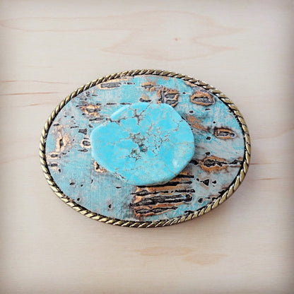 Rope Edge Turquoise Metallic Leather Belt Buckle w/ Blue Turquoise 907v