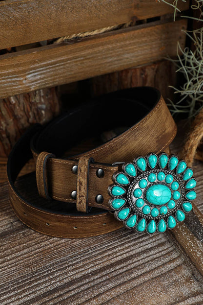 Vintage Western Turquoise Buckle Belt – Wide PU Leather Statement Accessory