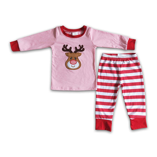 Pink reindeer applique cotton girls Christmas pjs