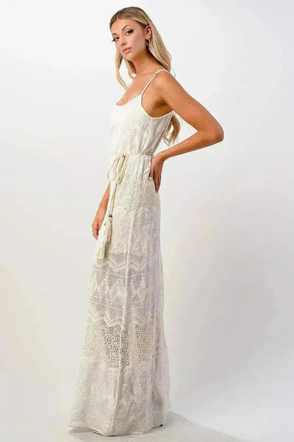 Boho Aztec Embroidered Maxi Dress Adjustable Straps - Femstylo