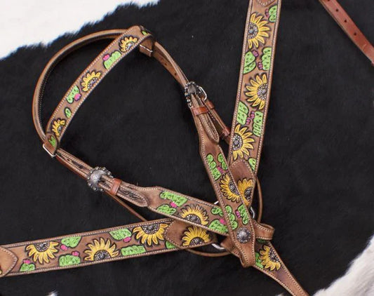 Showman ® Hand Painted Sunflower Halves and Cactus Browband Headstall and Breast collar Set