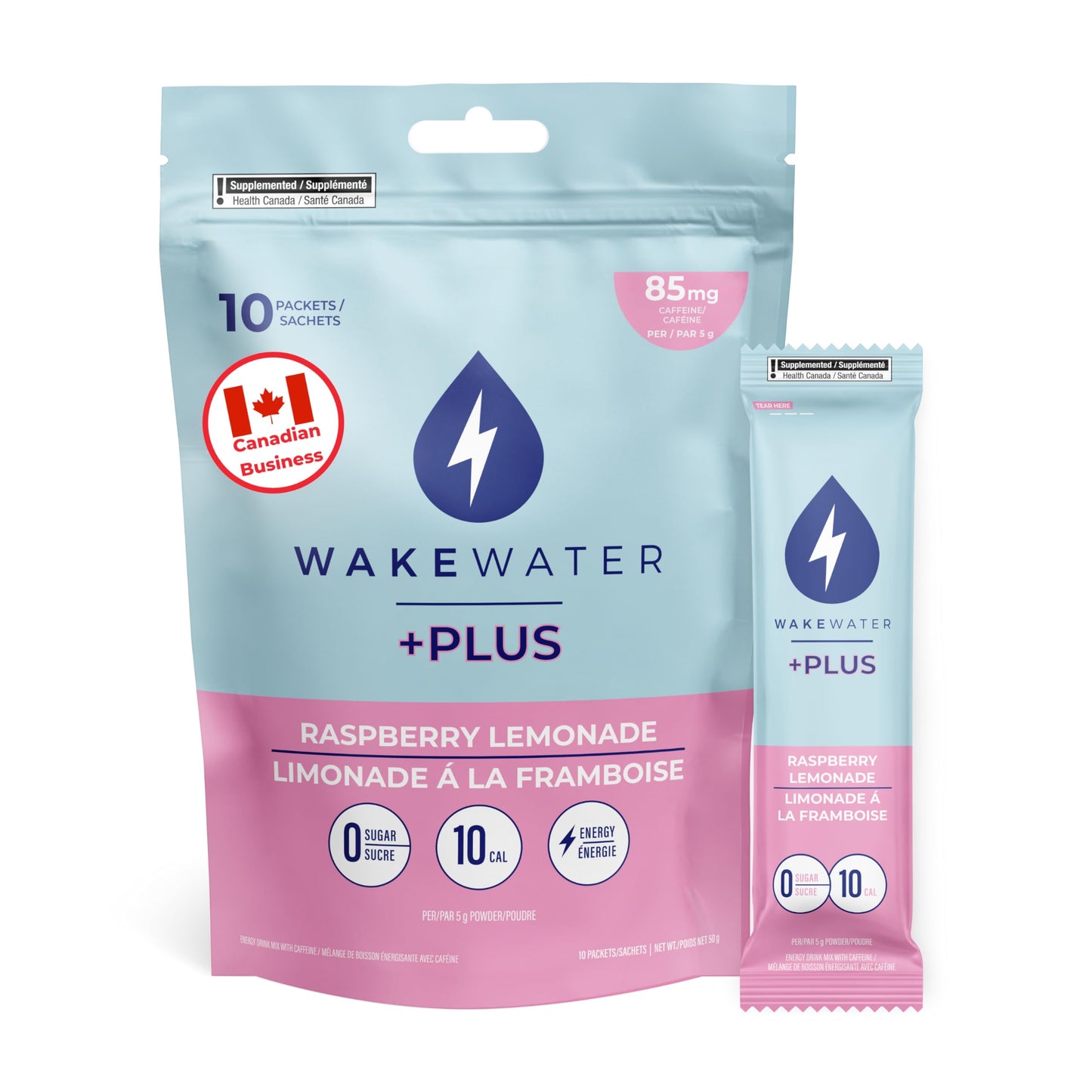 WakeWater Plus – Energy Powder – Raspberry Lemonade – 10 Sticks – Vitamins electrolytes - Canadian Distribution - Ships Free Within Canada on Orders Above CAD $199-0