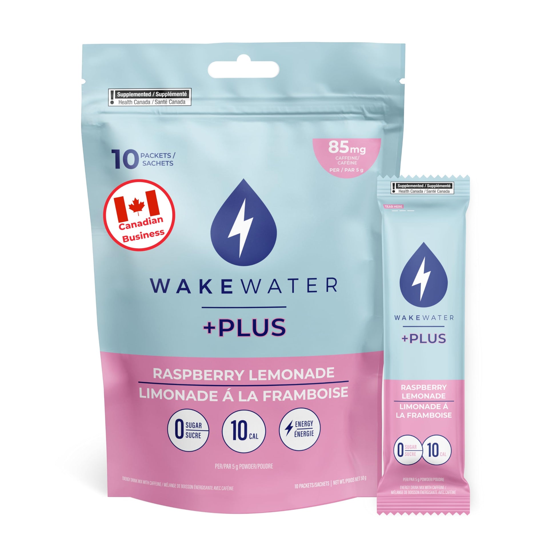 WakeWater Plus – Energy Powder – Raspberry Lemonade – 10 Sticks – Vitamins electrolytes - Canadian Distribution - Ships Free Within Canada on Orders Above CAD $199-0