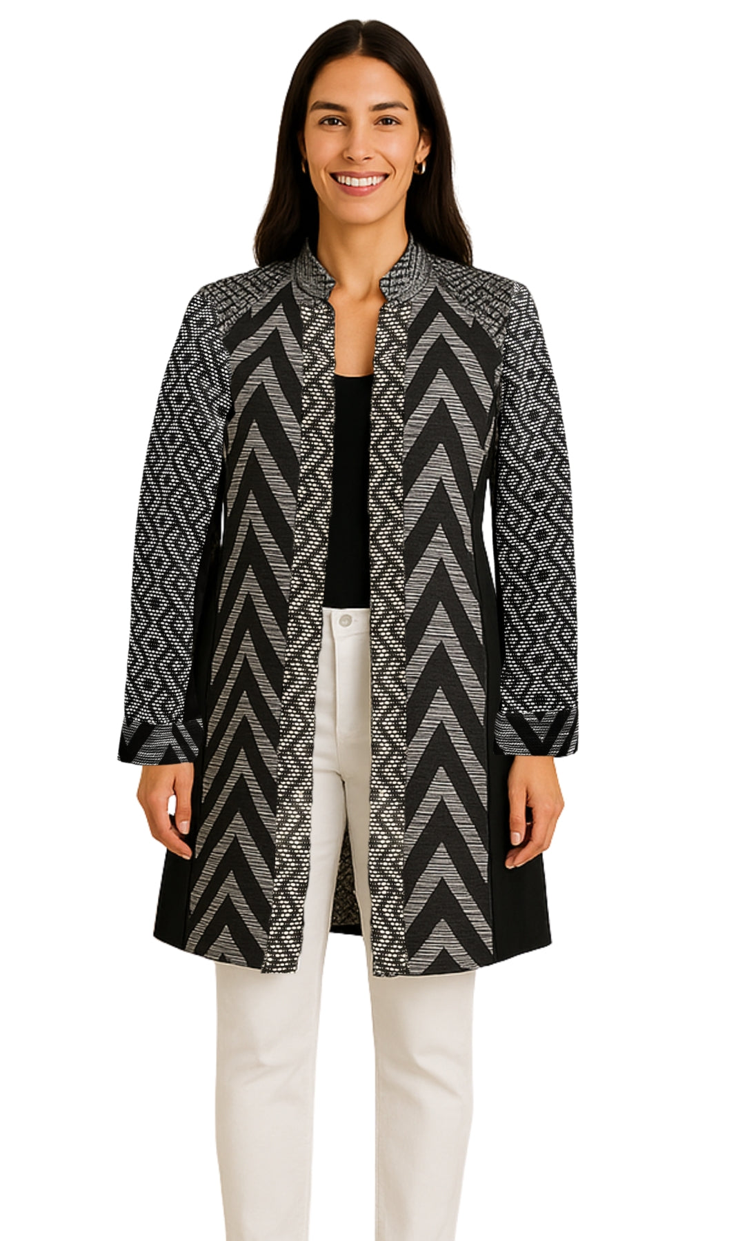 Women's Stand Collar Mixed Media Open Front Jacket