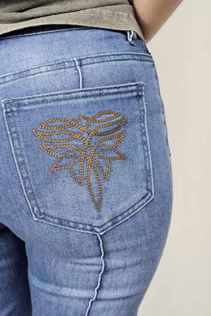 Raw Hem Straight Leg Jeans – Medium Wash Denim with Boot Stitch Pockets, 31" Inseam