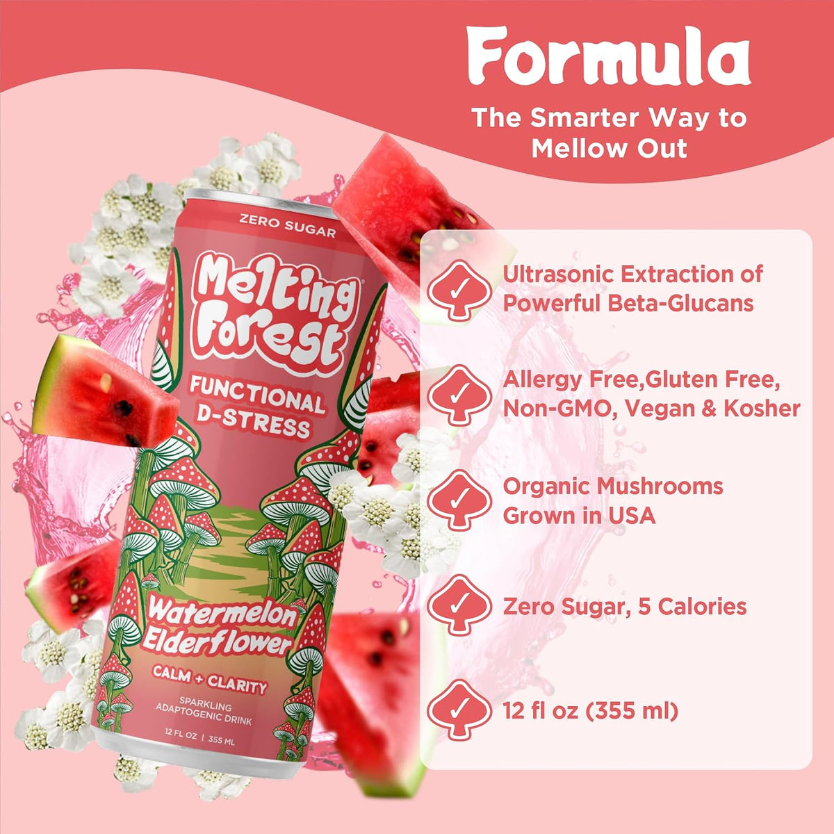 Mushroom D-Stress Drink 12 Pack - Watermelon Elderflower