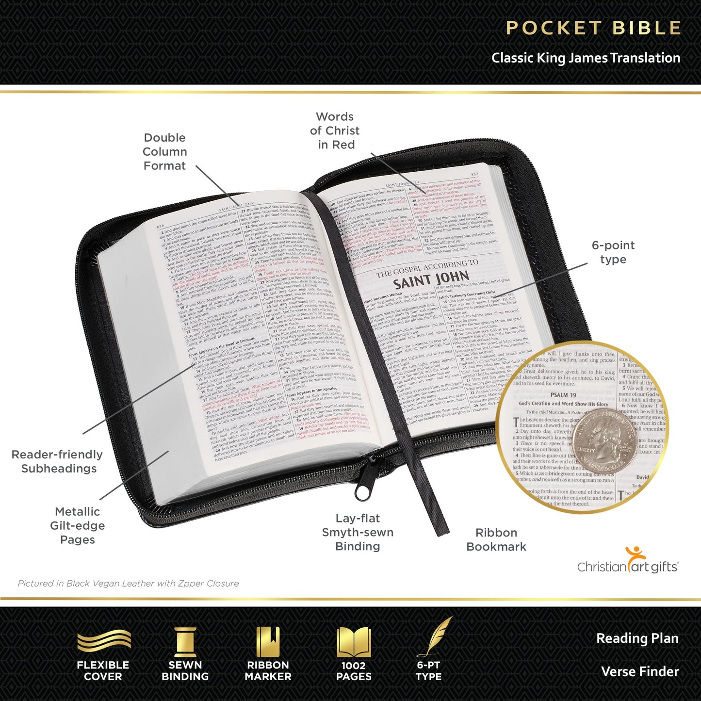 KJV Holy Bible, Mini Pocket Bible - Zippered Black Faux Leat