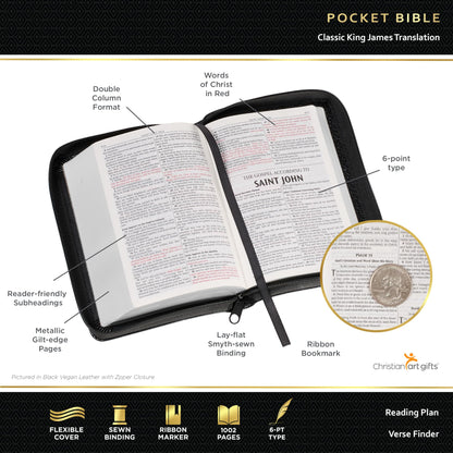 KJV Holy Bible, Mini Pocket Bible - Zippered Black Faux Leat