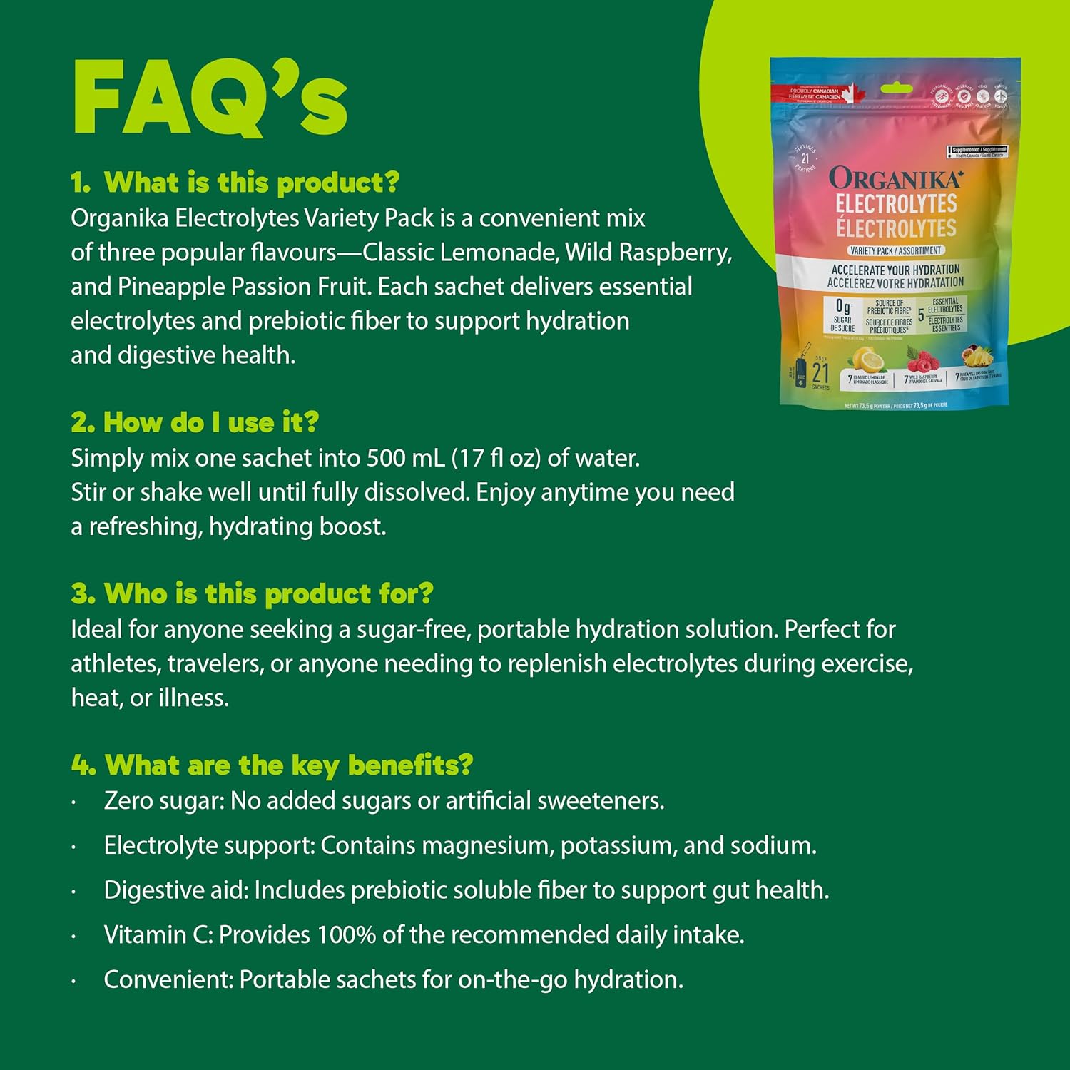 Organika – Electrolytes Powder Sachets – Variety Pack, 21 count – Ships Free Within Canada on Orders Above CAD $199-4