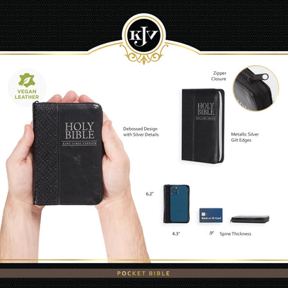 KJV Holy Bible, Mini Pocket Bible - Zippered Black Faux Leat