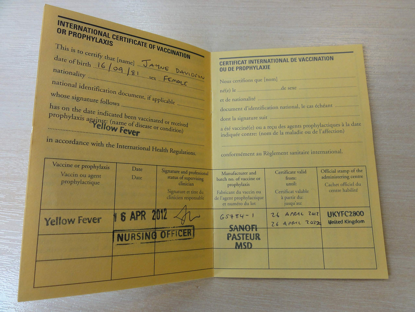 International Certificate of Vaccination with Vinyl Document