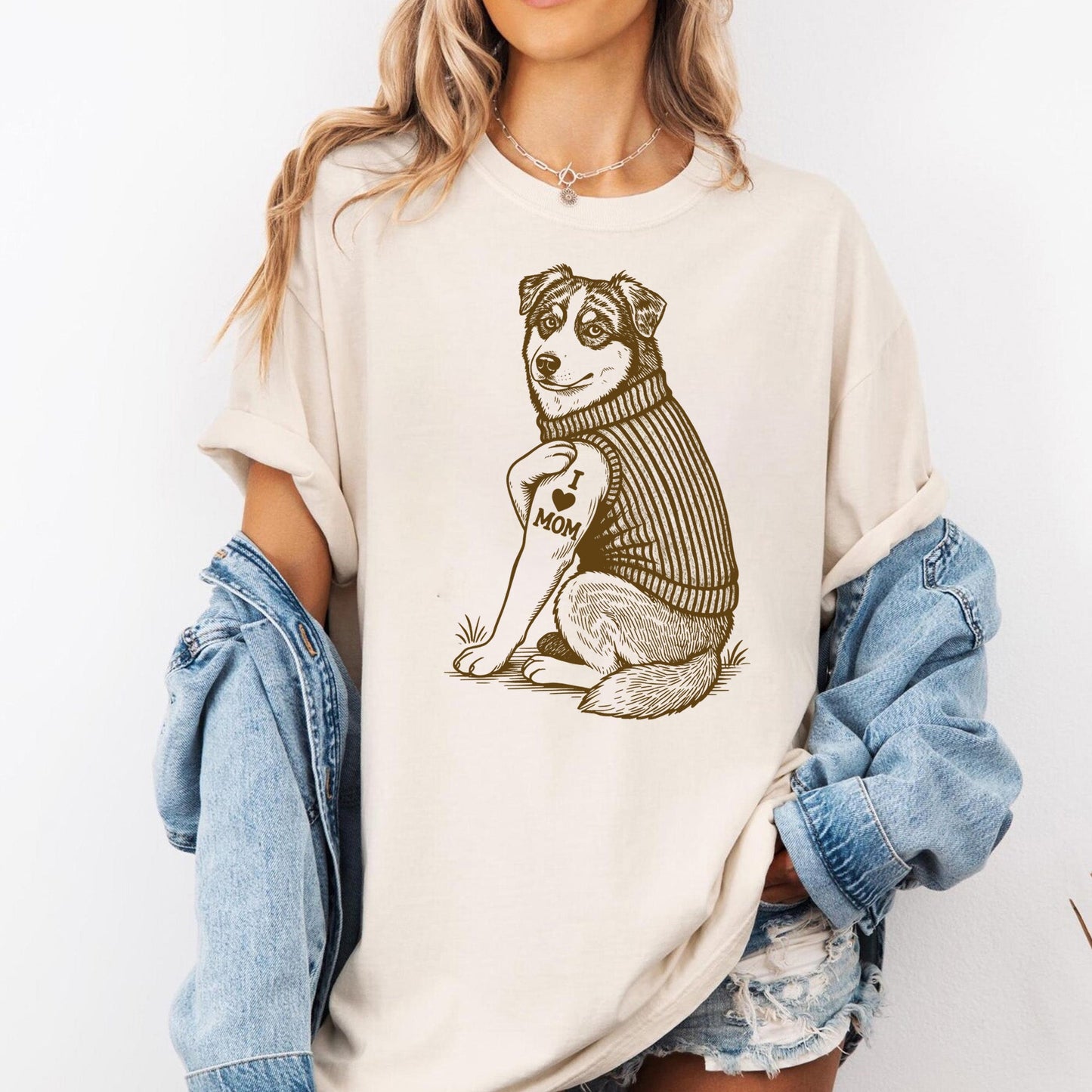 Australian Shepherd "I Love Mom" Tattoo Shirt