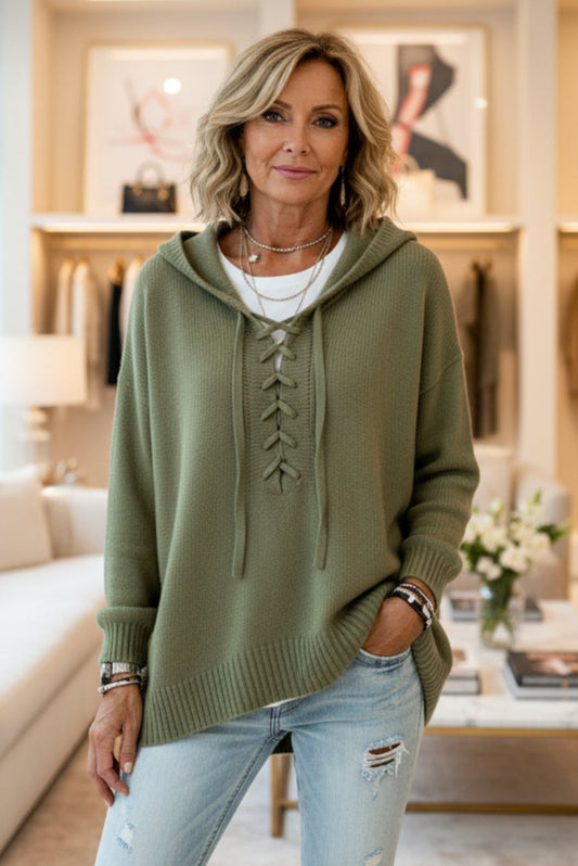 Lace-Up V-Neck Hooded Knit Sweater | Drop Shoulder Oversized Pullover
