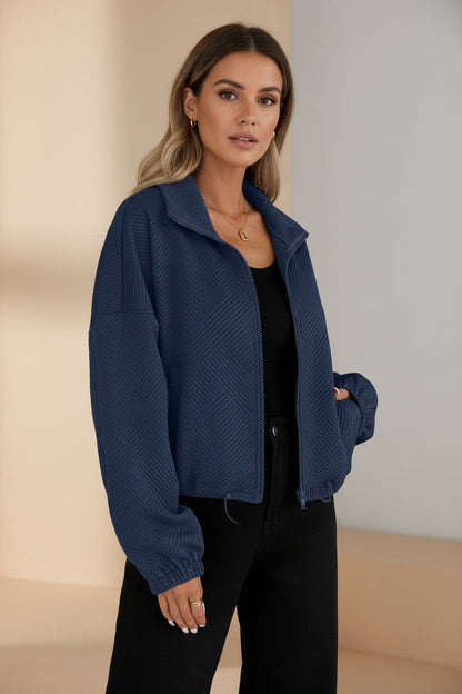 Women's Oversized Zip-Up Jacket with Pockets – High Neck Textured Coat