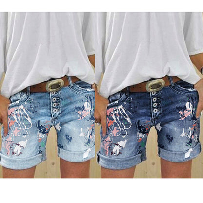 Women's High-Waist Printed Elastic Denim Shorts with Button Closure