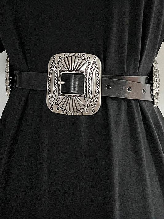 Artisanal Carved Metal Ring Buckle Belt