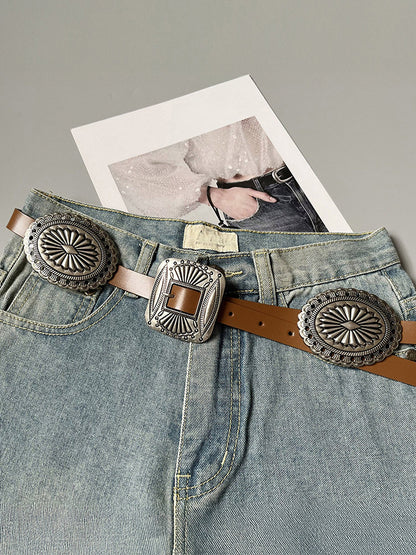 Artisanal Carved Metal Ring Buckle Belt