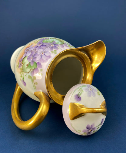 Antique Bavarian Coffee Pot. UNO Favorite, European Porcelain with Hand-Painted Violets. Fine Collectible China.