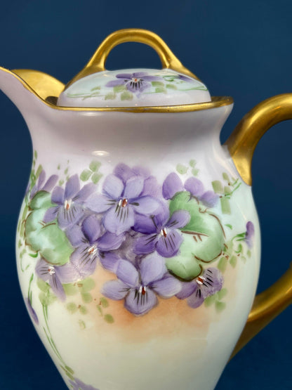 Antique Bavarian Coffee Pot. UNO Favorite, European Porcelain with Hand-Painted Violets. Fine Collectible China.