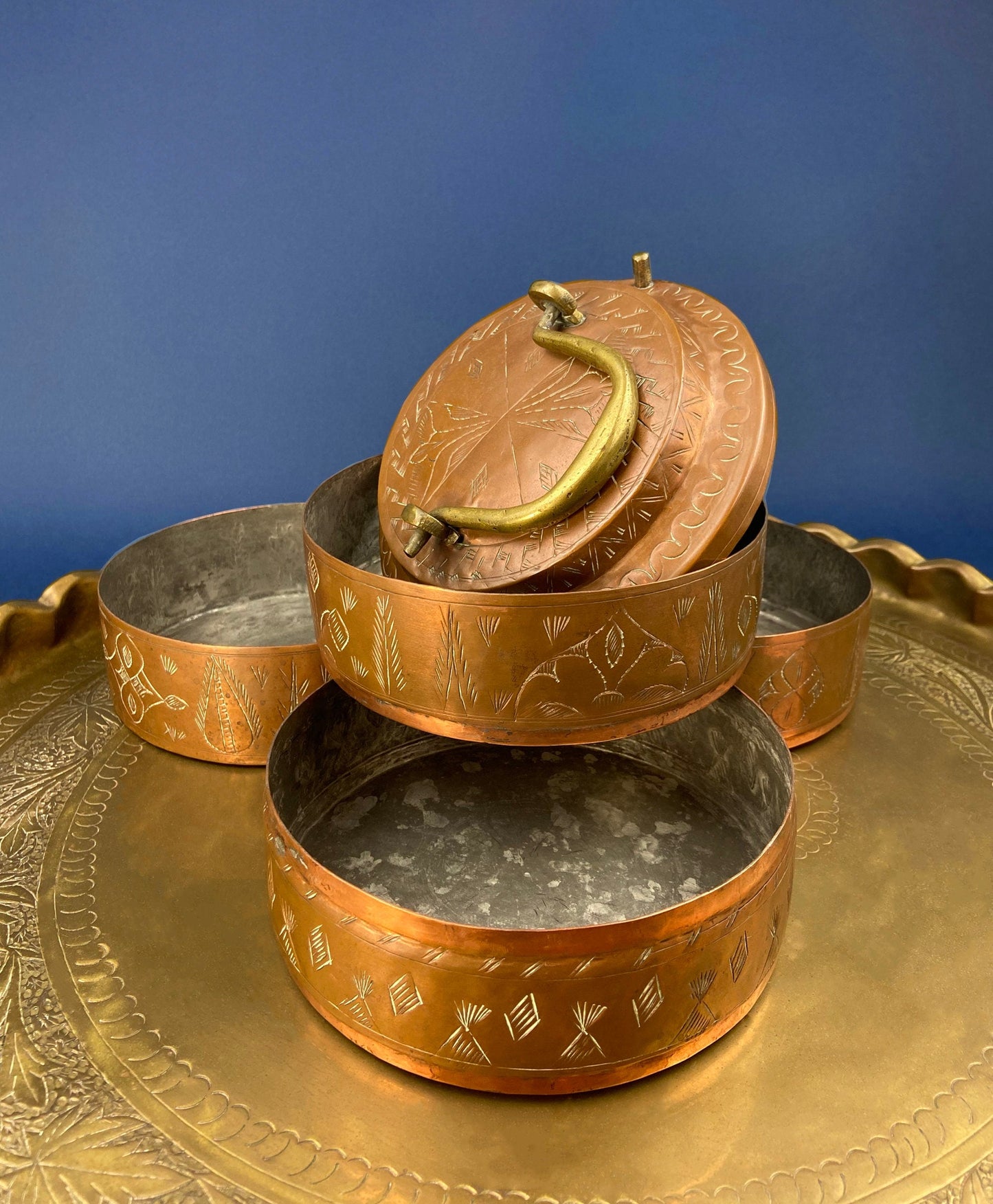 Antique 19th-century Copper and Brass Turkish 4 Stacking Bowls Lunch Box with Handle. Vintage Gifts.