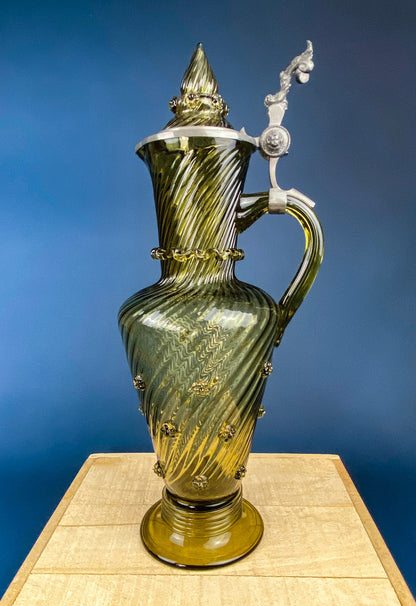 XL Vintage Glass Pitcher with Pewter Detailing. Antique Hand Blown Large 18" German Wine or Water Jug. Vintage Gifts.
