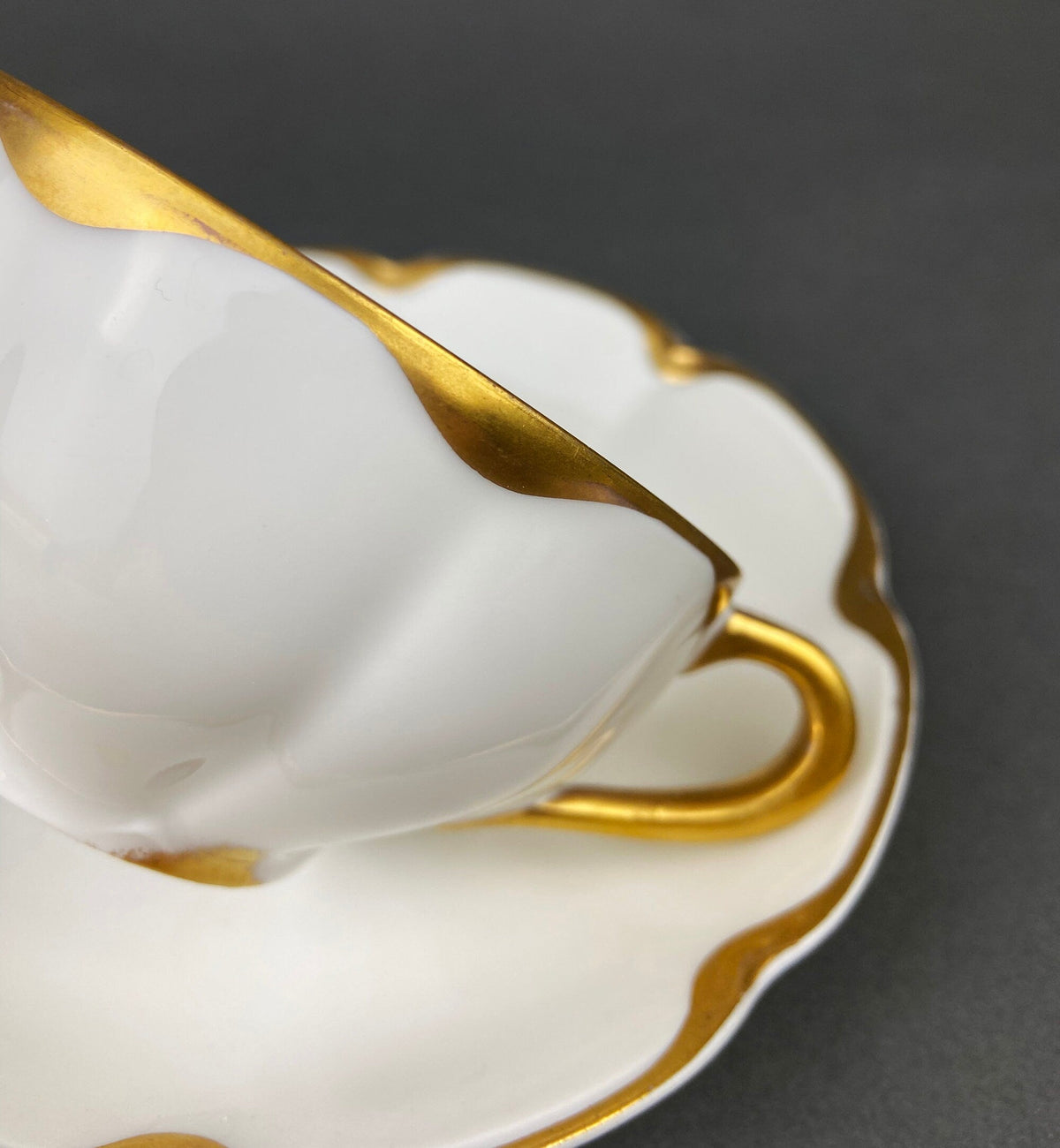 Antique Limoges Porcelain Tea Set/Trio. Tea Cup, Saucer and Salad Plate. White China with Scalloped Gold Rim, Theodore Haviland, France.