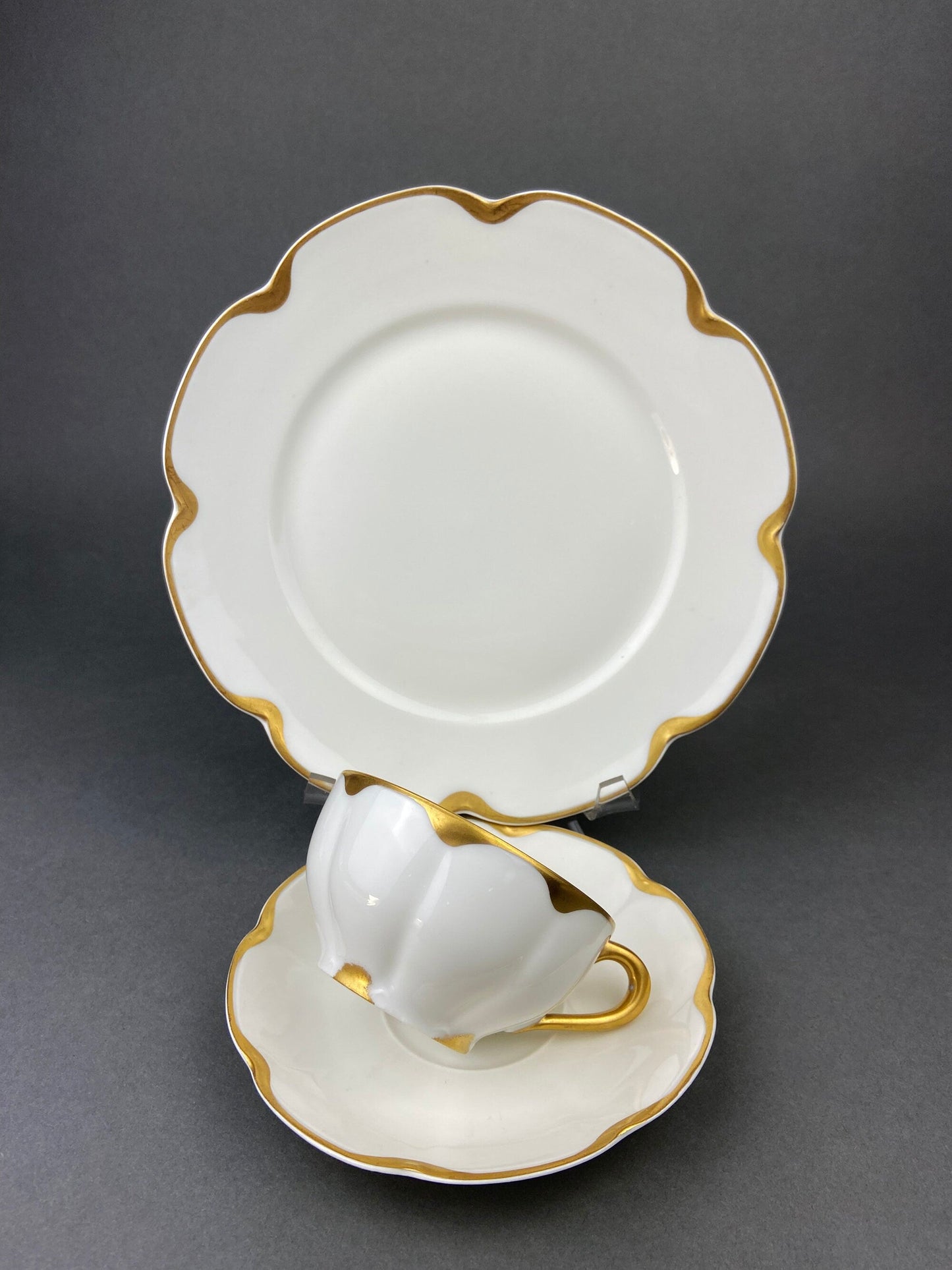 Antique Limoges Porcelain Tea Set/Trio. Tea Cup, Saucer and Salad Plate. White China with Scalloped Gold Rim, Theodore Haviland, France.