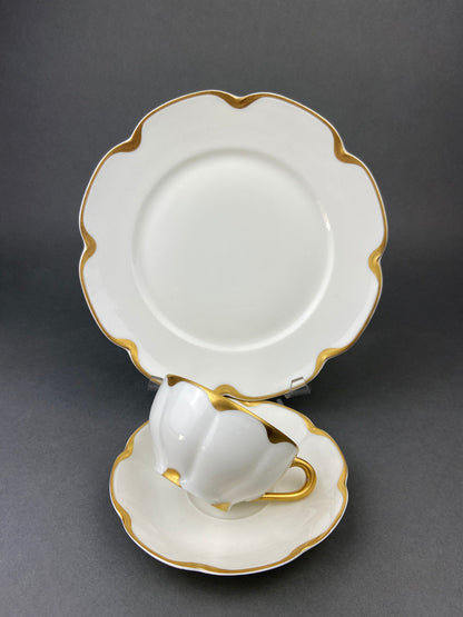 Antique Limoges Porcelain Tea Set/Trio. Tea Cup, Saucer and Salad Plate. White China with Scalloped Gold Rim, Theodore Haviland, France.