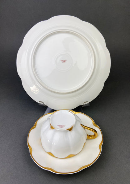 Antique Limoges Porcelain Tea Set/Trio. Tea Cup, Saucer and Salad Plate. White China with Scalloped Gold Rim, Theodore Haviland, France.