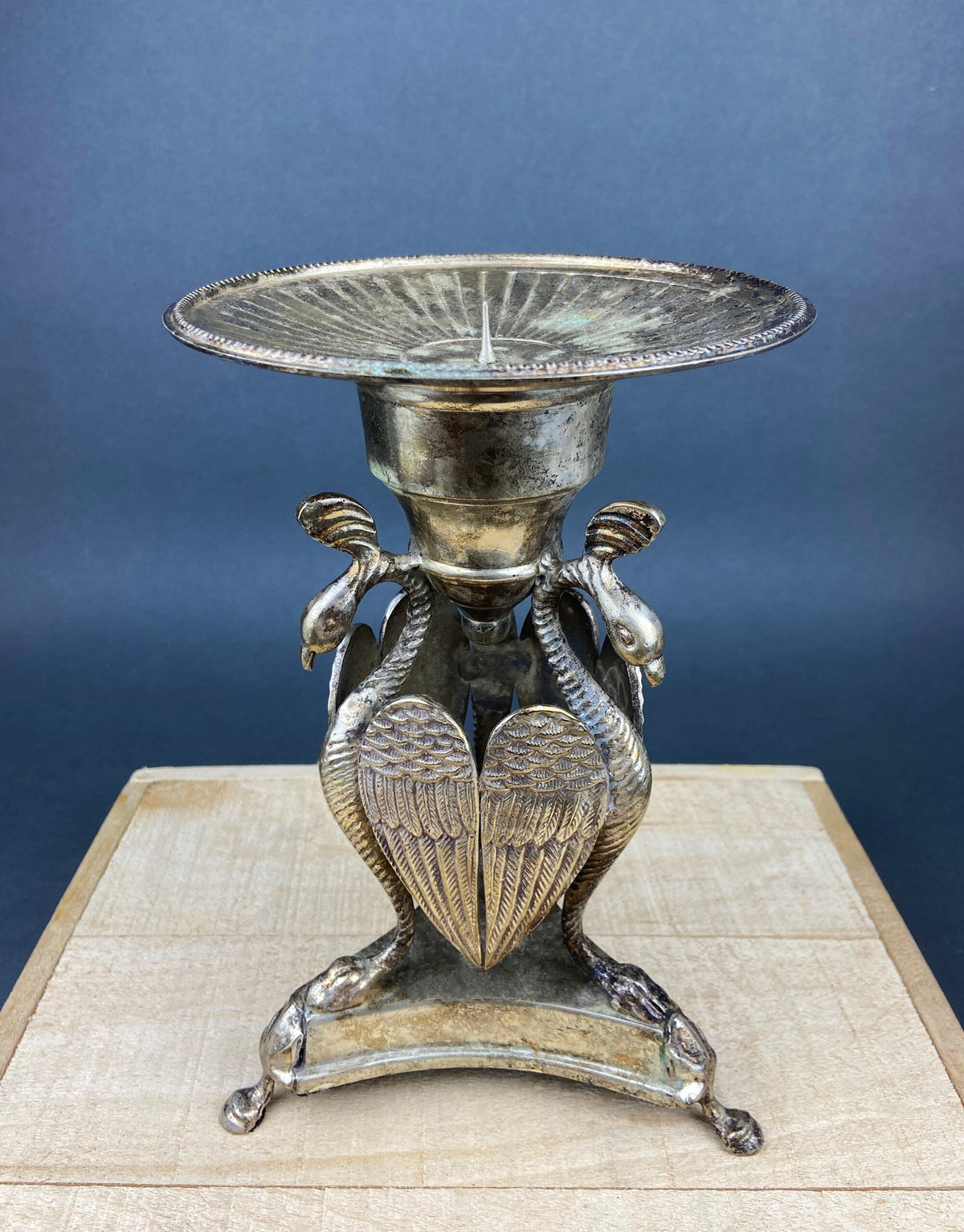 Antique Silver Plated Pillar Candle Holder with Peacocks