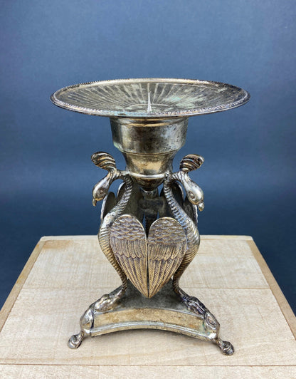 Antique Silver Plated Pillar Candle Holder with Peacocks