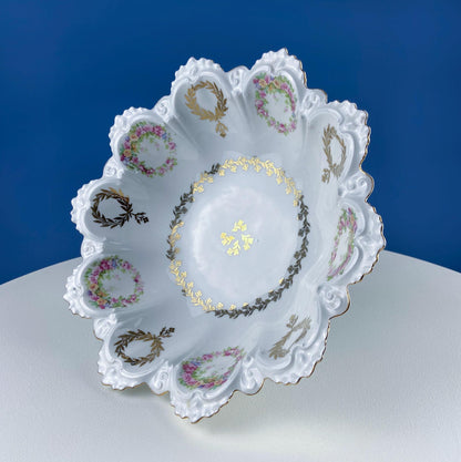 Antique Porcelain Serving Bowl with Scalloped Brim. Gold Laurel Leaf Motif & Rose Garlands. Fine Austrian Porcelain. Kitchen Table Decor.