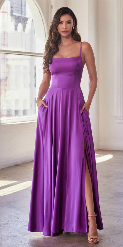 Ladivine B8402 Long Square Neck Pockets Satin A-Line Gown