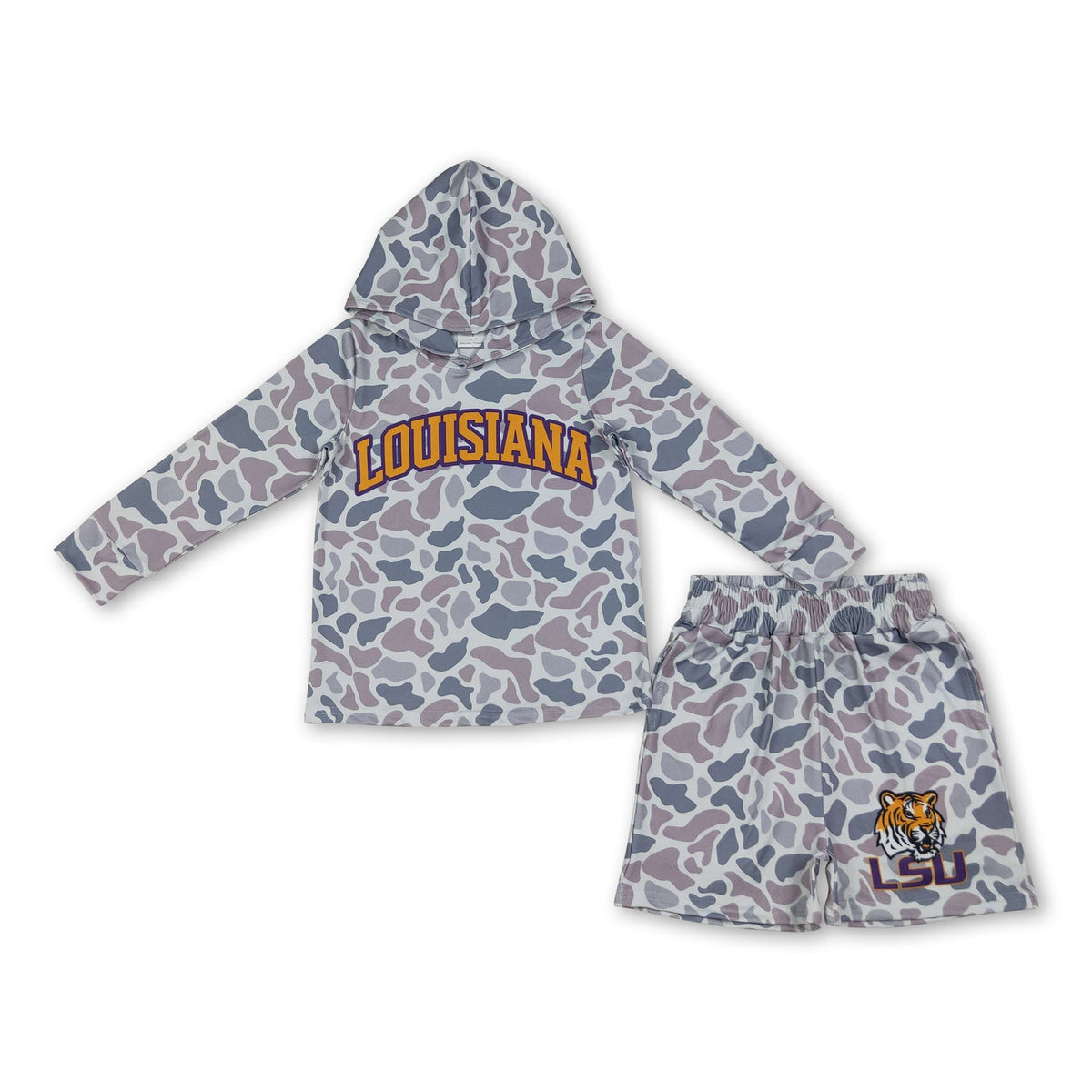 Long sleeves grey camo hoodie tiger shorts boys team outfits