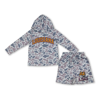 Long sleeves grey camo hoodie tiger shorts boys team outfits