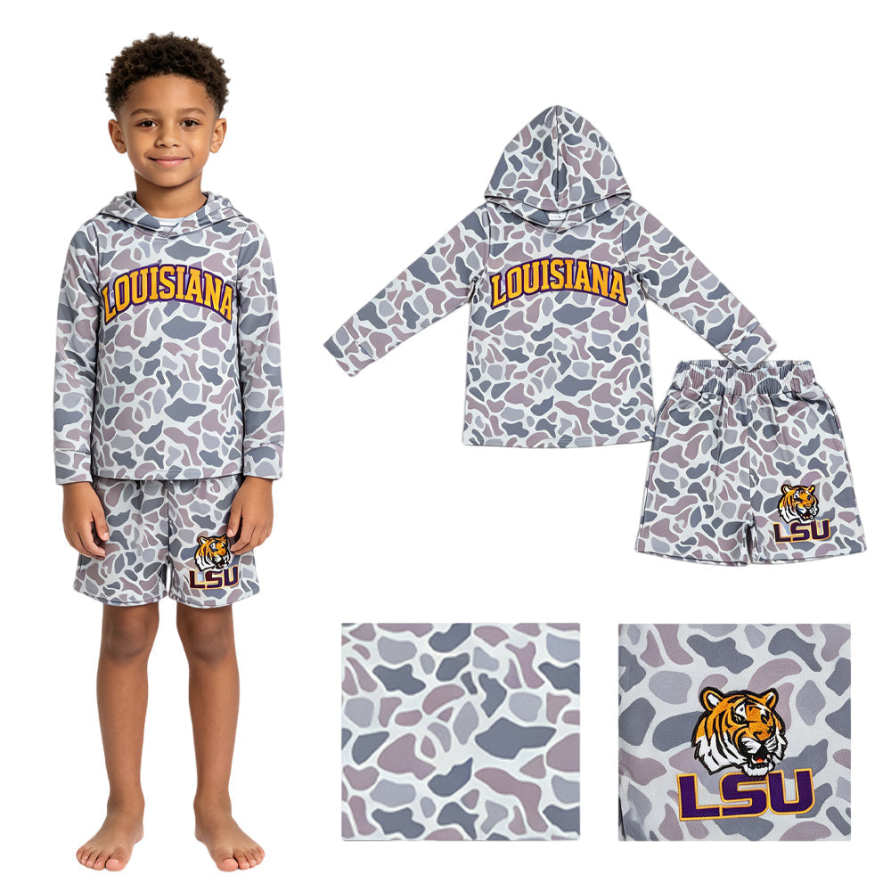 Long sleeves grey camo hoodie tiger shorts boys team outfits