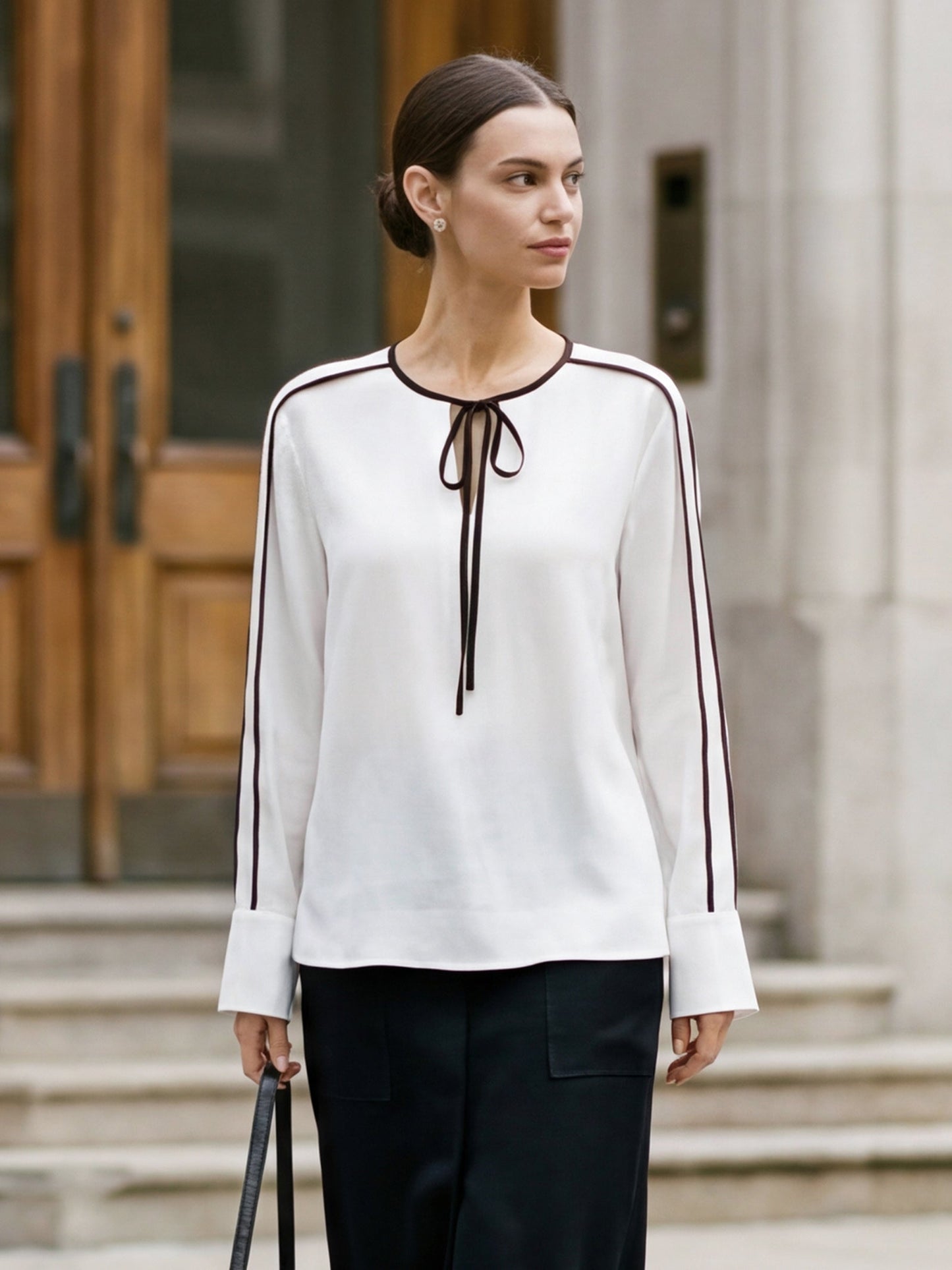 Linen-Lyocell Contrast Trim Tie-Neck Overtop VERA