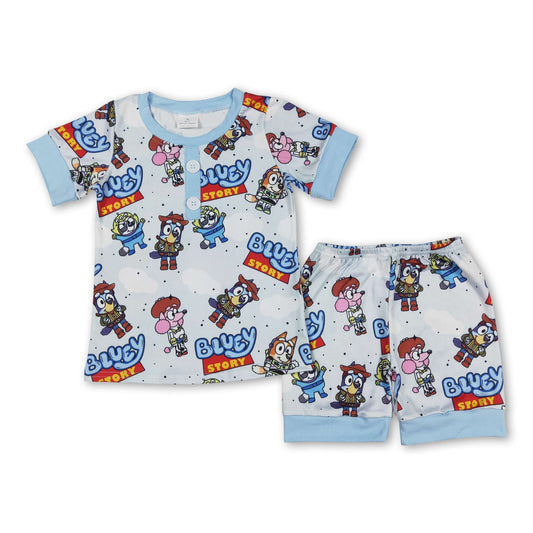 Short sleeves blue dog story kids boys summer pajamas